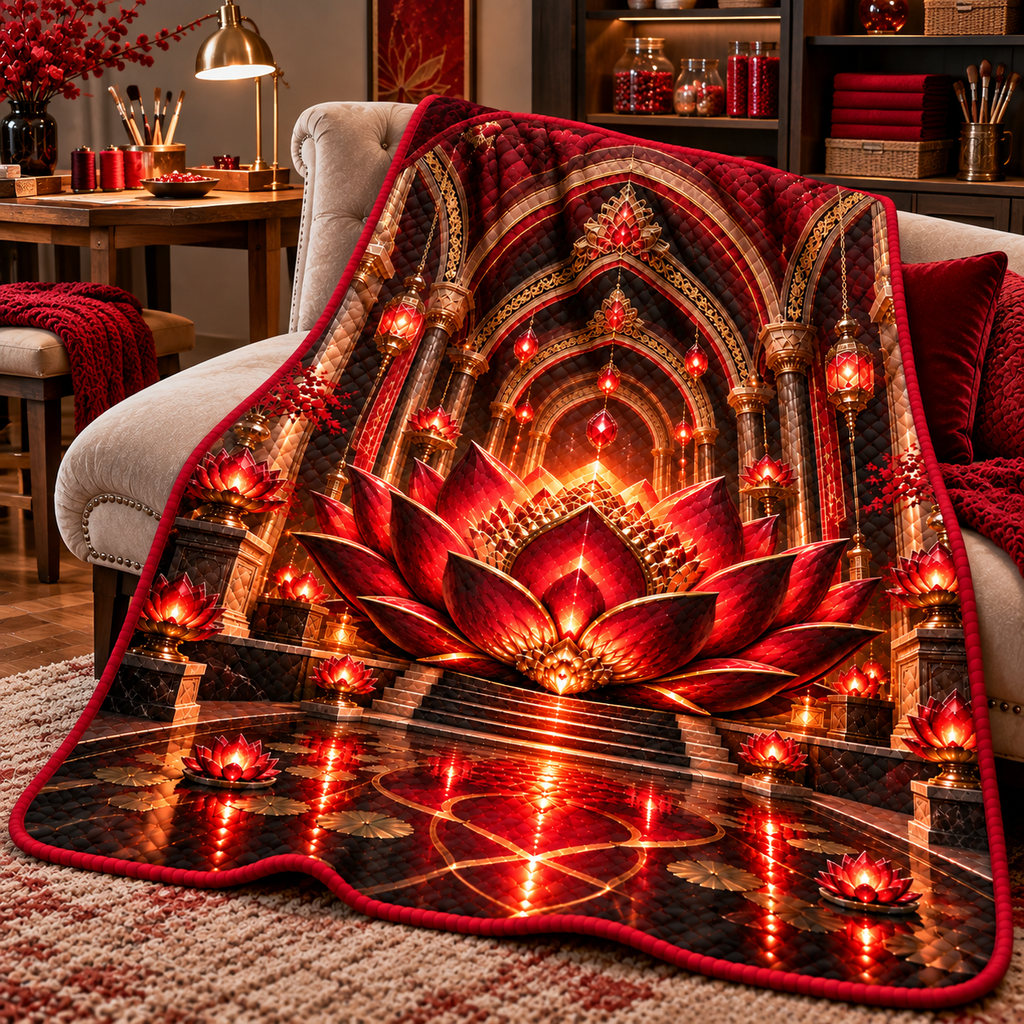 Red Lotus Artisan Studio Quilt Blanket with printed optical 3D artwork in its use setting