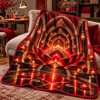 Red Lotus Artisan Studio Quilt Blanket with printed optical 3D artwork in its use setting