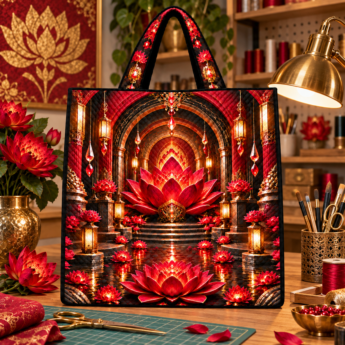 Red Lotus Artisan Studio Quilted Tote Bag with printed optical 3D artwork in its use setting