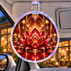 Red Lotus Artisan Studio Holographic Car Visor Clip with printed optical 3D artwork in its use setting