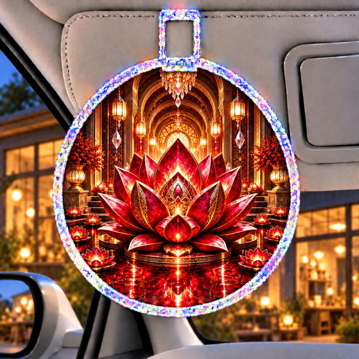 Red Lotus Artisan Studio Holographic Car Visor Clip with printed optical 3D artwork in its use setting