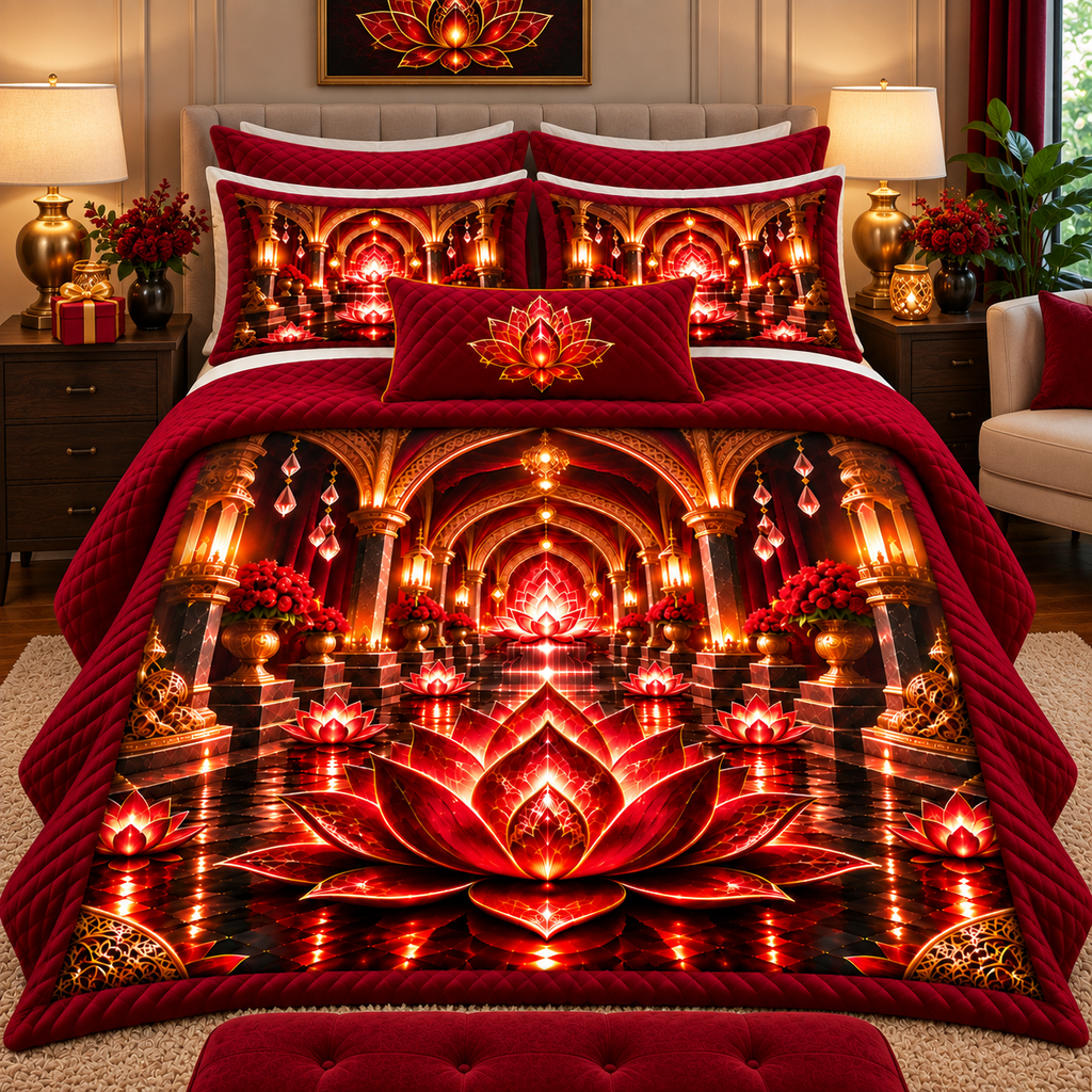 Red Lotus Gracious Welcome Quilted Bedding Set with printed optical 3D artwork in its use setting
