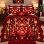 Red Lotus Gracious Welcome Quilted Bedding Set with printed optical 3D artwork in its use setting