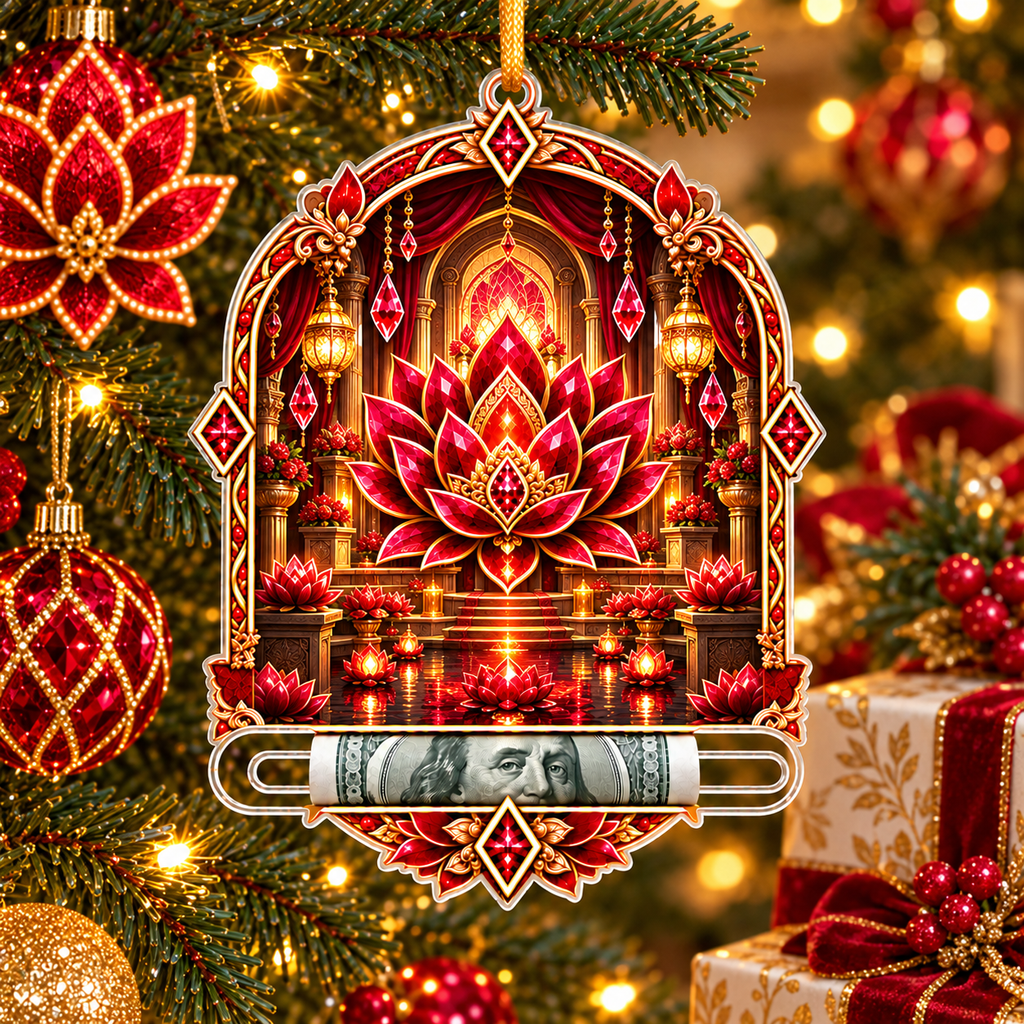 Red Lotus Gracious Welcome Acrylic Cash Holder Ornament with printed optical 3D artwork in its use setting