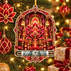 Red Lotus Gracious Welcome Acrylic Cash Holder Ornament with printed optical 3D artwork in its use setting