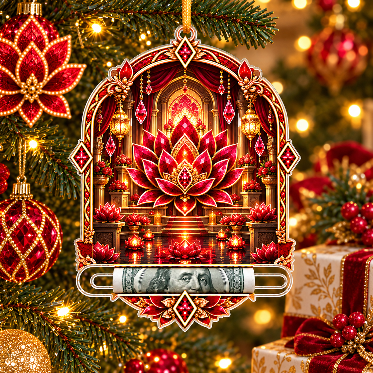 Red Lotus Gracious Welcome Acrylic Cash Holder Ornament with printed optical 3D artwork in its use setting