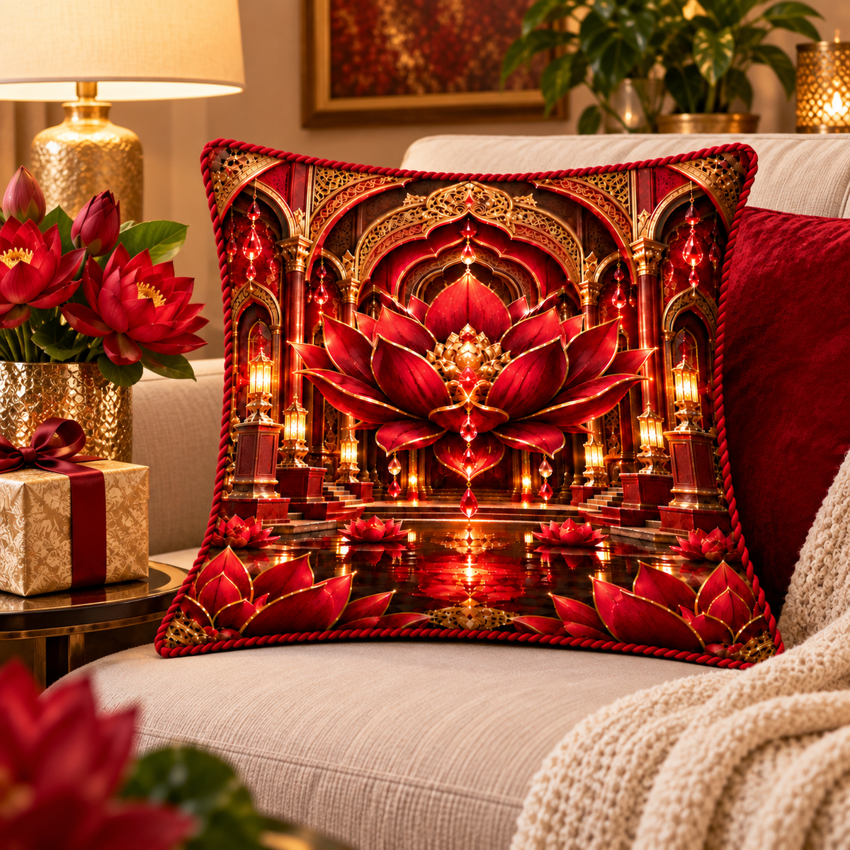 Red Lotus Gracious Welcome Quilted Cushion Cover with printed optical 3D artwork in its use setting