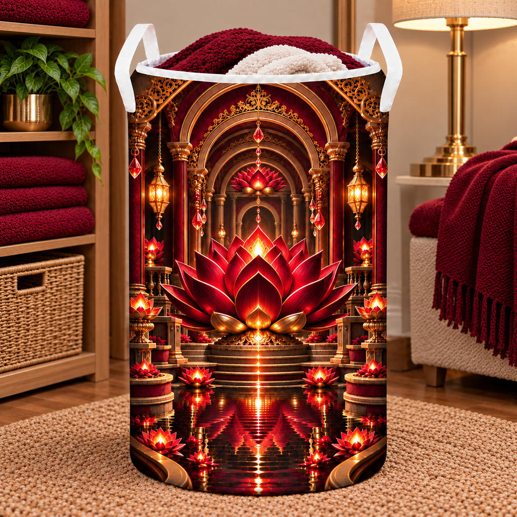 Red Lotus Gracious Welcome Laundry Hamper with printed optical 3D artwork in its use setting