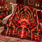 Red Lotus Gracious Welcome Quilt Blanket with printed optical 3D artwork in its use setting
