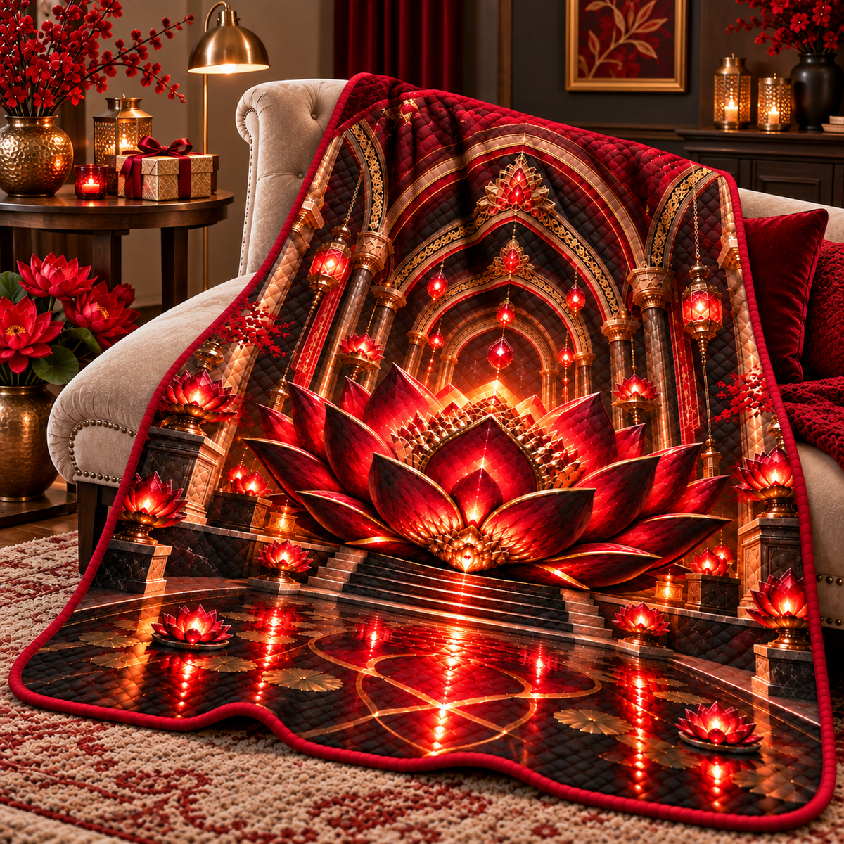 Red Lotus Gracious Welcome Quilt Blanket with printed optical 3D artwork in its use setting