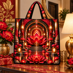 Red Lotus Gracious Welcome Quilted Tote Bag with printed optical 3D artwork in its use setting