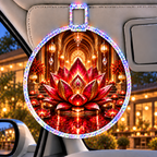 Red Lotus Gracious Welcome Holographic Car Visor Clip with printed optical 3D artwork in its use setting
