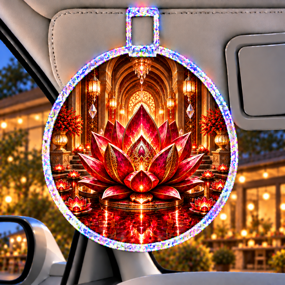 Red Lotus Gracious Welcome Holographic Car Visor Clip with printed optical 3D artwork in its use setting