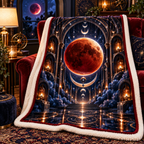 Lunar Eclipse Midnight Library Sherpa & Fleece Blanket with printed optical 3D artwork in its use setting