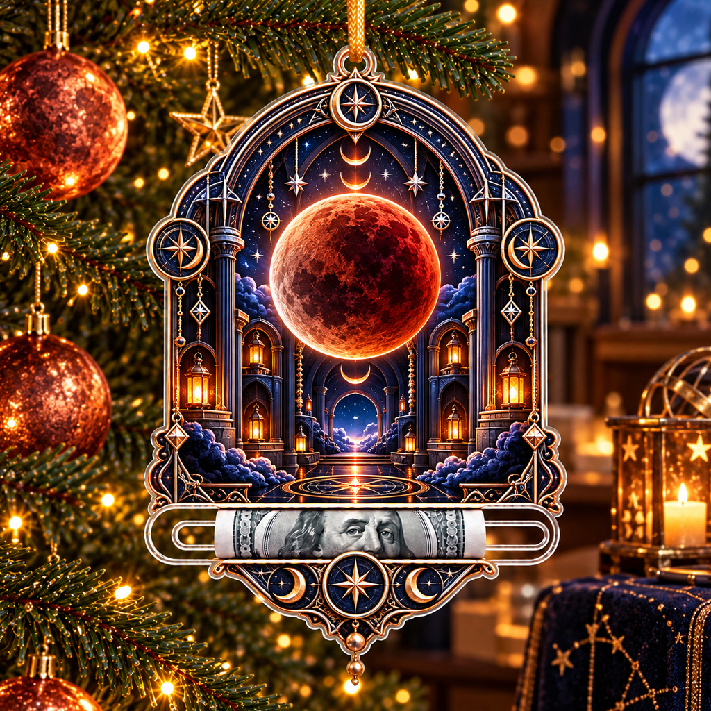 Lunar Eclipse Midnight Library Acrylic Cash Holder Ornament with printed optical 3D artwork in its use setting