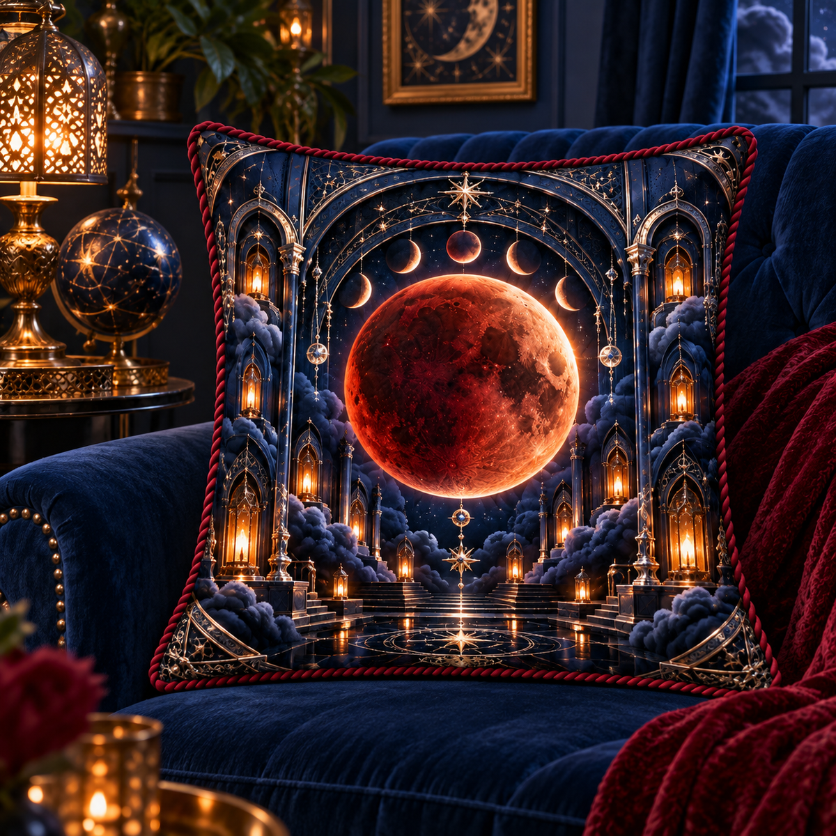 Lunar Eclipse Midnight Library Quilted Cushion Cover with printed optical 3D artwork in its use setting
