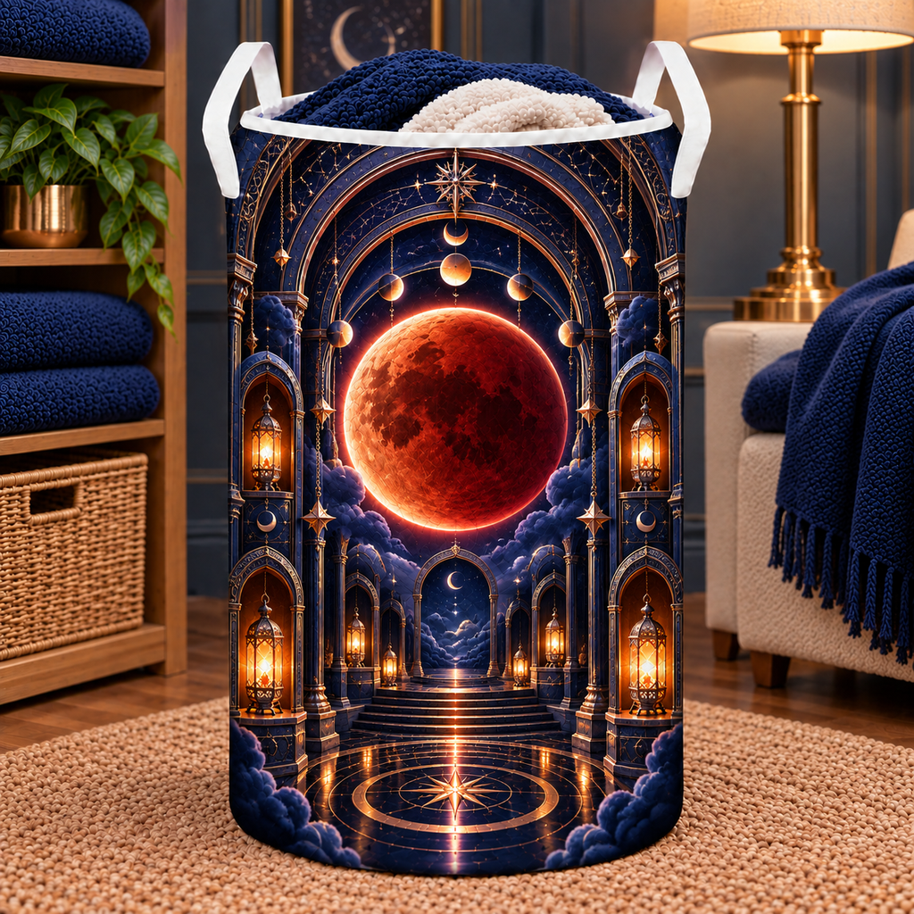 Lunar Eclipse Midnight Library Laundry Hamper with printed optical 3D artwork in its use setting