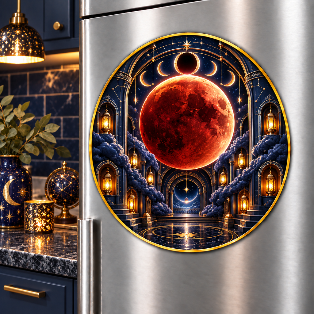 Lunar Eclipse Midnight Library Acrylic Refrigerator Magnet with printed optical 3D artwork in its use setting