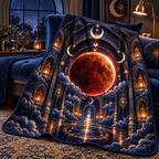 Lunar Eclipse Midnight Library Quilt Blanket with printed optical 3D artwork in its use setting