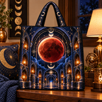 Lunar Eclipse Midnight Library Quilted Tote Bag with printed optical 3D artwork in its use setting