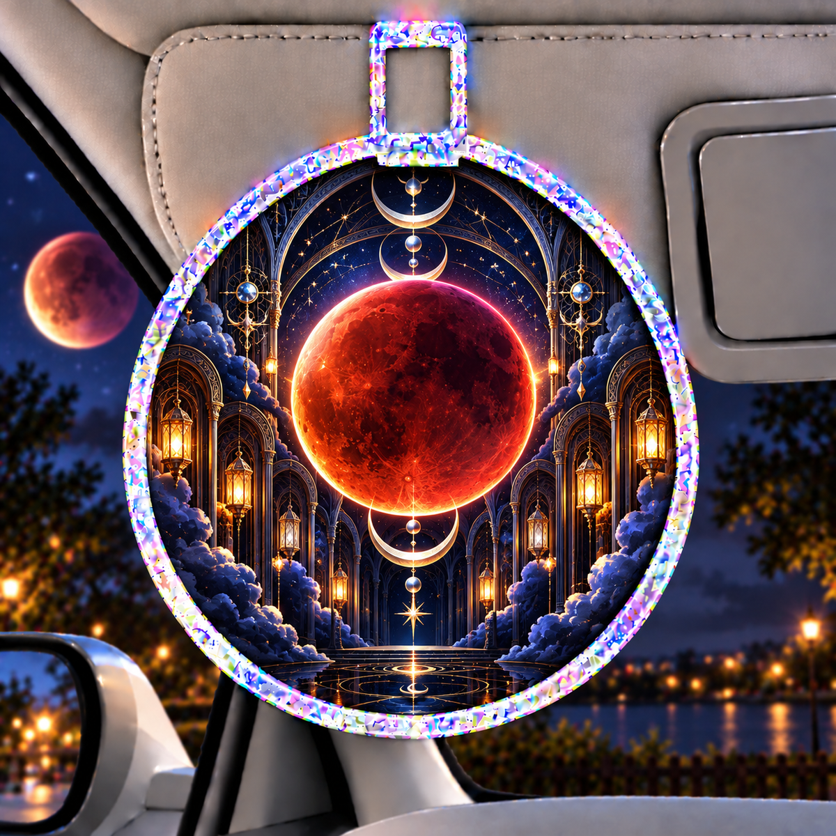 Lunar Eclipse Midnight Library Holographic Car Visor Clip with printed optical 3D artwork in its use setting