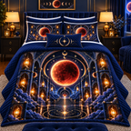 Lunar Eclipse Celestial Chamber Quilted Bedding Set with printed optical 3D artwork in its use setting