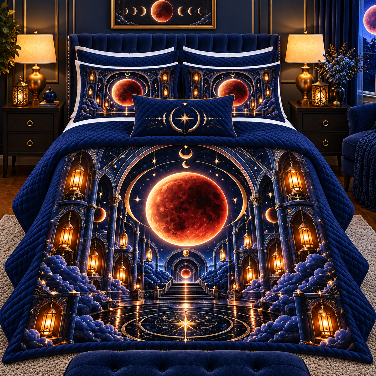 Lunar Eclipse Celestial Chamber Quilted Bedding Set with printed optical 3D artwork in its use setting