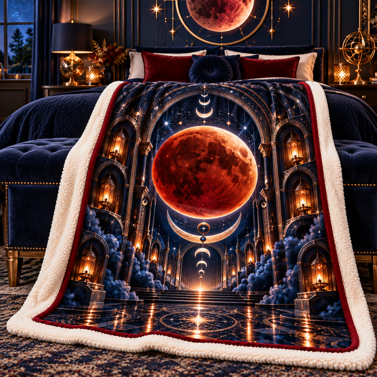 Lunar Eclipse Celestial Chamber Sherpa & Fleece Blanket with printed optical 3D artwork in its use setting