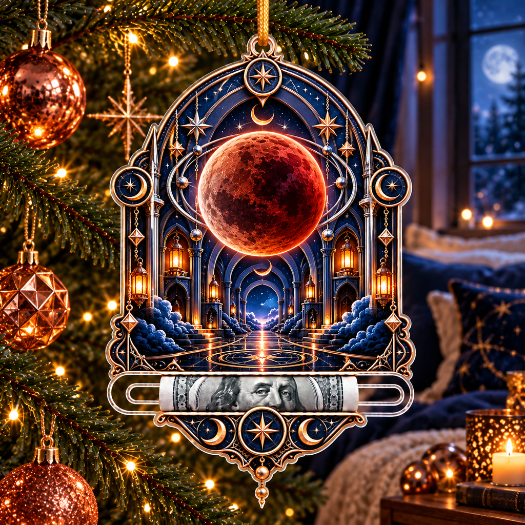 Lunar Eclipse Celestial Chamber Acrylic Cash Holder Ornament with printed optical 3D artwork in its use setting