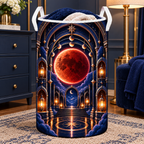 Lunar Eclipse Celestial Chamber Laundry Hamper with printed optical 3D artwork in its use setting