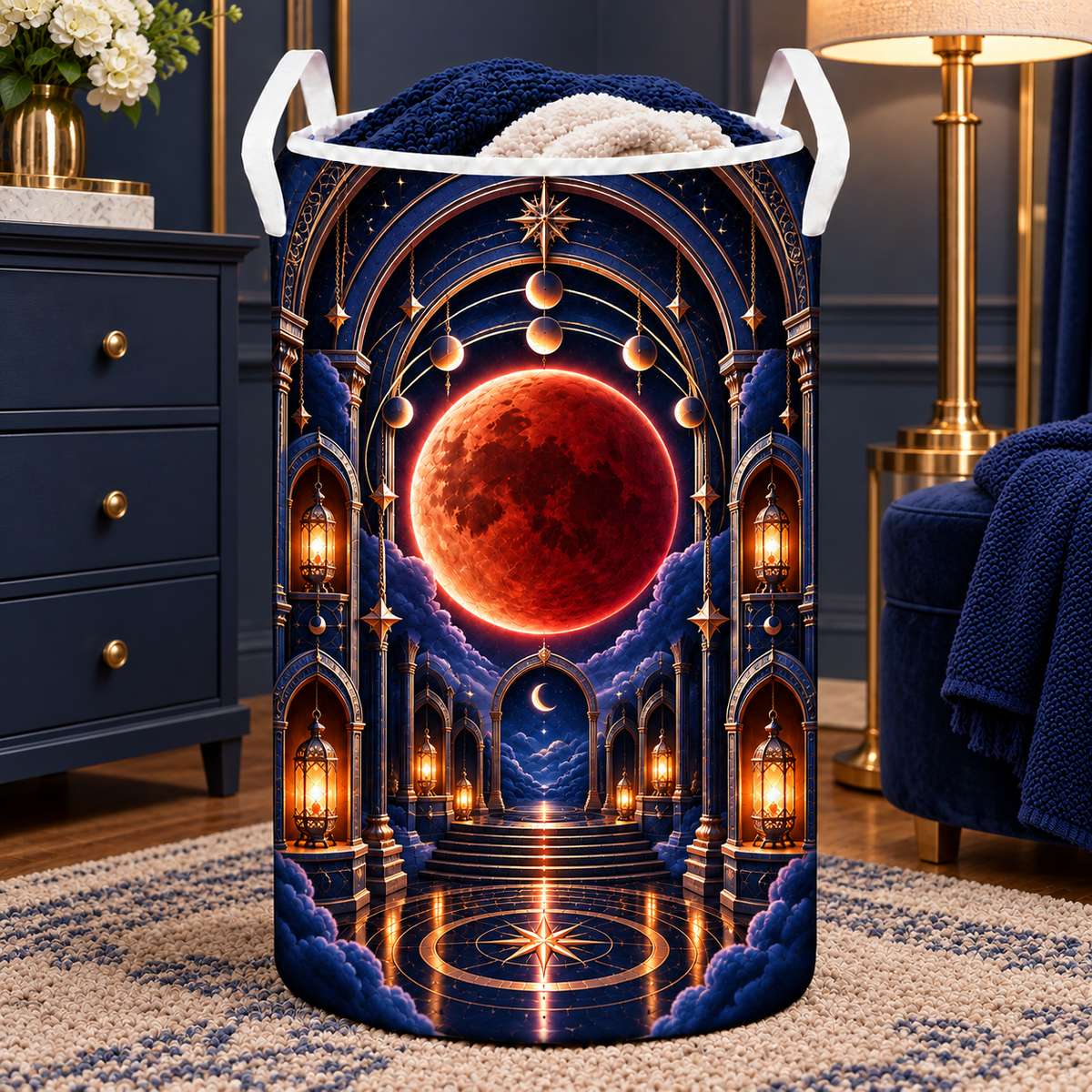 Lunar Eclipse Celestial Chamber Laundry Hamper with printed optical 3D artwork in its use setting