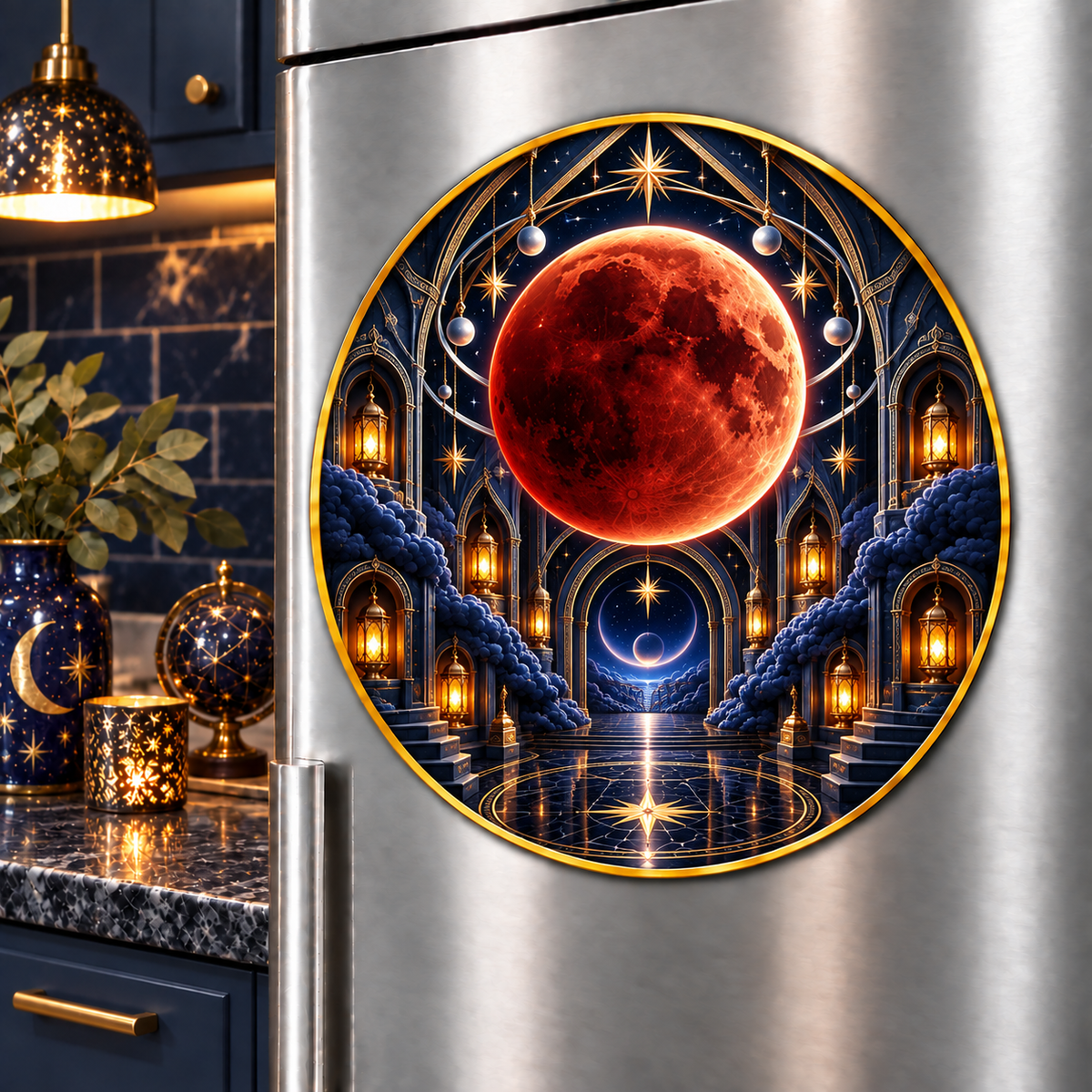 Lunar Eclipse Celestial Chamber Acrylic Refrigerator Magnet with printed optical 3D artwork in its use setting