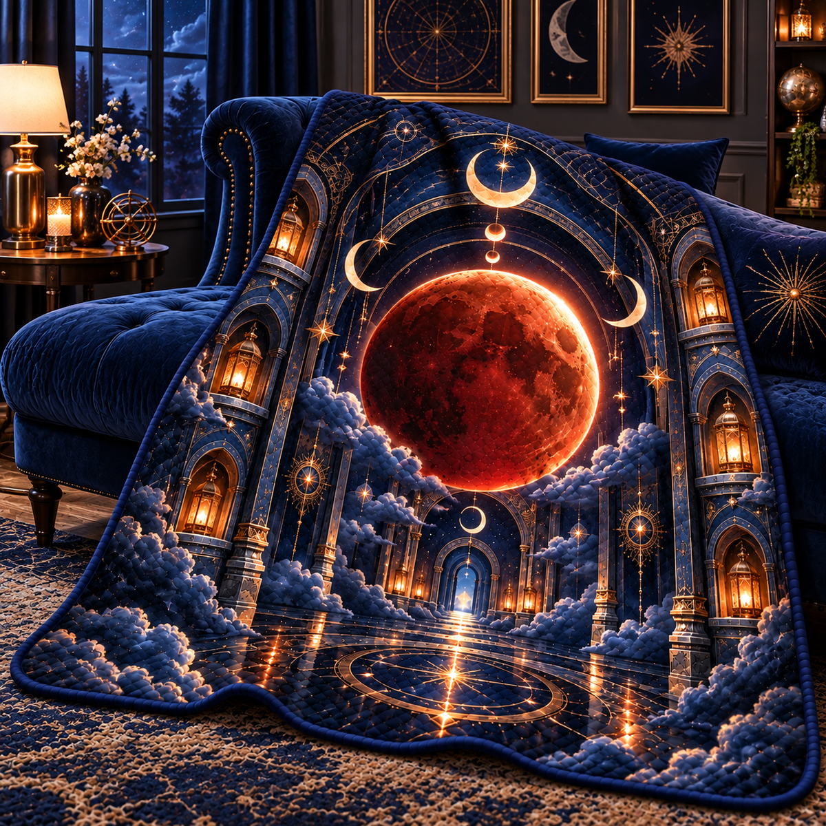 Lunar Eclipse Celestial Chamber Quilt Blanket with printed optical 3D artwork in its use setting
