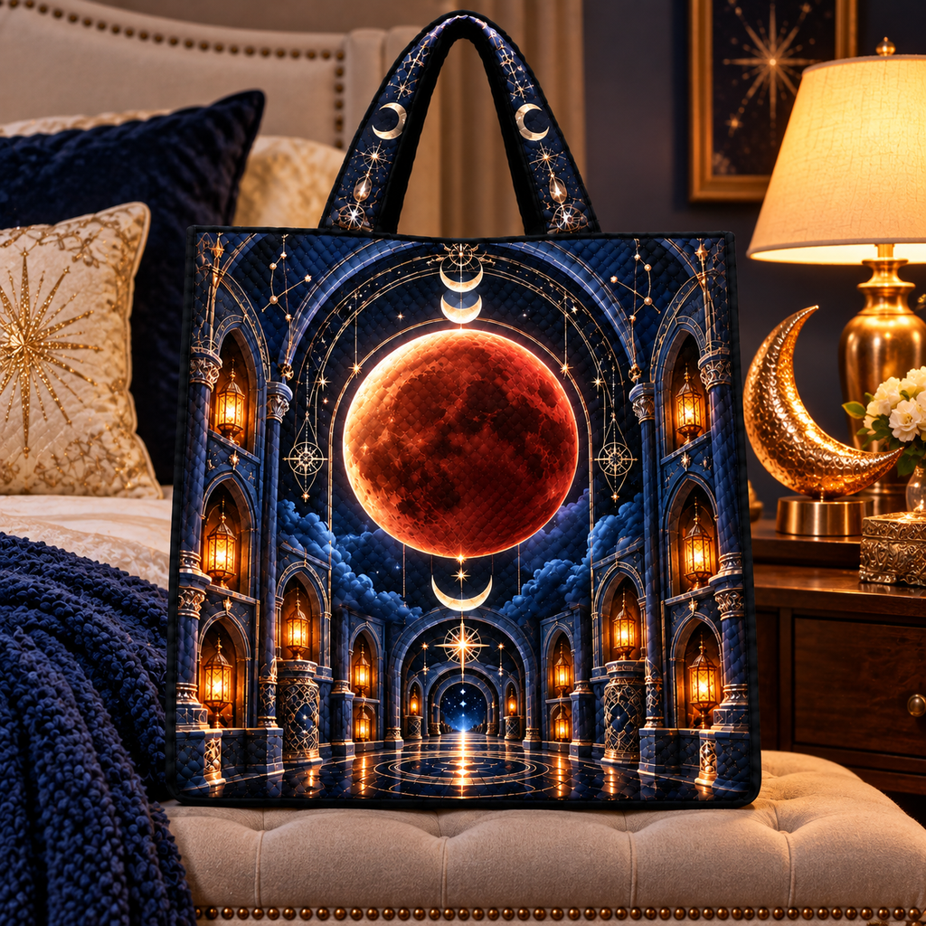 Lunar Eclipse Celestial Chamber Quilted Tote Bag with printed optical 3D artwork in its use setting