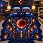 Lunar Eclipse Grand Salon Quilted Bedding Set with printed optical 3D artwork in its use setting