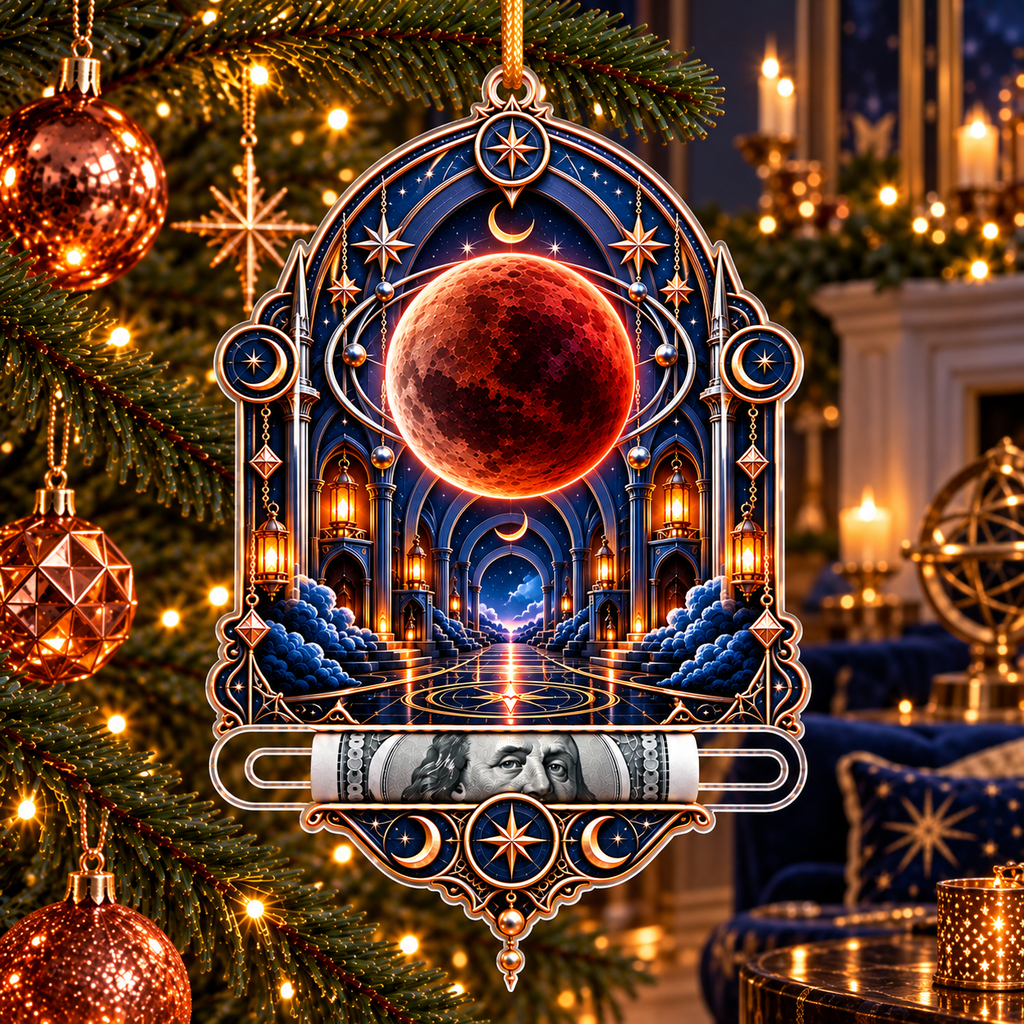 Lunar Eclipse Grand Salon Acrylic Cash Holder Ornament with printed optical 3D artwork in its use setting