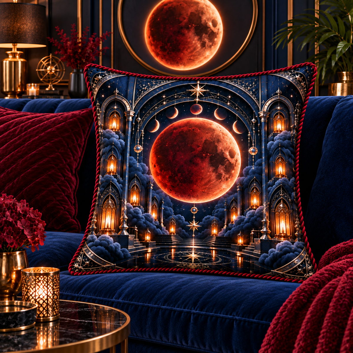 Lunar Eclipse Grand Salon Quilted Cushion Cover with printed optical 3D artwork in its use setting