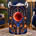 Lunar Eclipse Grand Salon Laundry Hamper with printed optical 3D artwork in its use setting