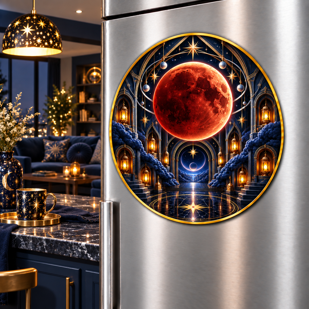 Lunar Eclipse Grand Salon Acrylic Refrigerator Magnet with printed optical 3D artwork in its use setting