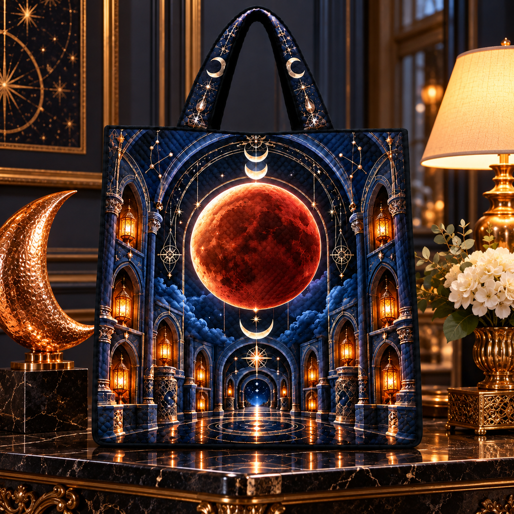 Lunar Eclipse Grand Salon Quilted Tote Bag with printed optical 3D artwork in its use setting