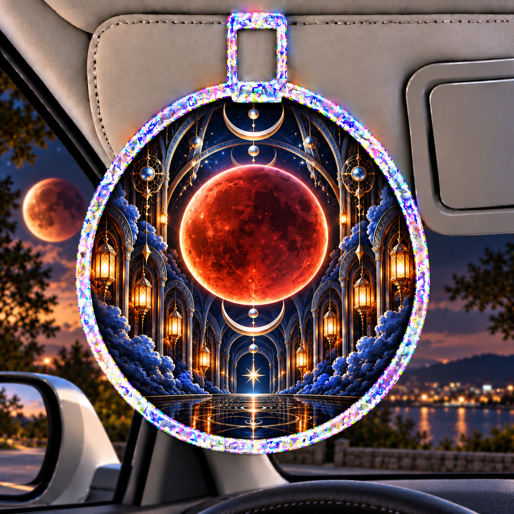 Lunar Eclipse Grand Salon Holographic Car Visor Clip with printed optical 3D artwork in its use setting