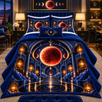 Lunar Eclipse Observatory Quilted Bedding Set with printed optical 3D artwork in its use setting
