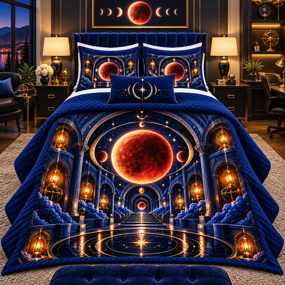 Lunar Eclipse Observatory Quilted Bedding Set with printed optical 3D artwork in its use setting