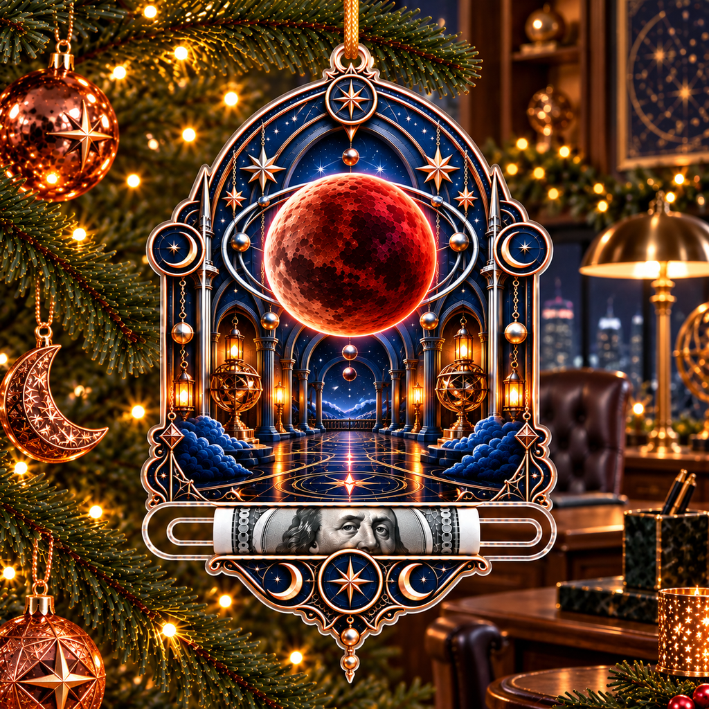 Lunar Eclipse Observatory Acrylic Cash Holder Ornament with printed optical 3D artwork in its use setting