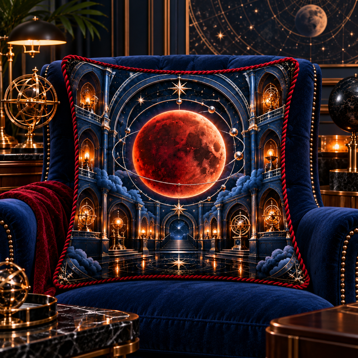 Lunar Eclipse Observatory Quilted Cushion Cover with printed optical 3D artwork in its use setting