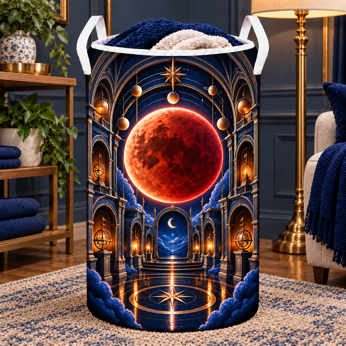 Lunar Eclipse Observatory Laundry Hamper with printed optical 3D artwork in its use setting