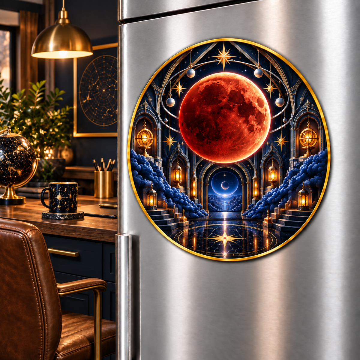 Lunar Eclipse Observatory Acrylic Refrigerator Magnet with printed optical 3D artwork in its use setting