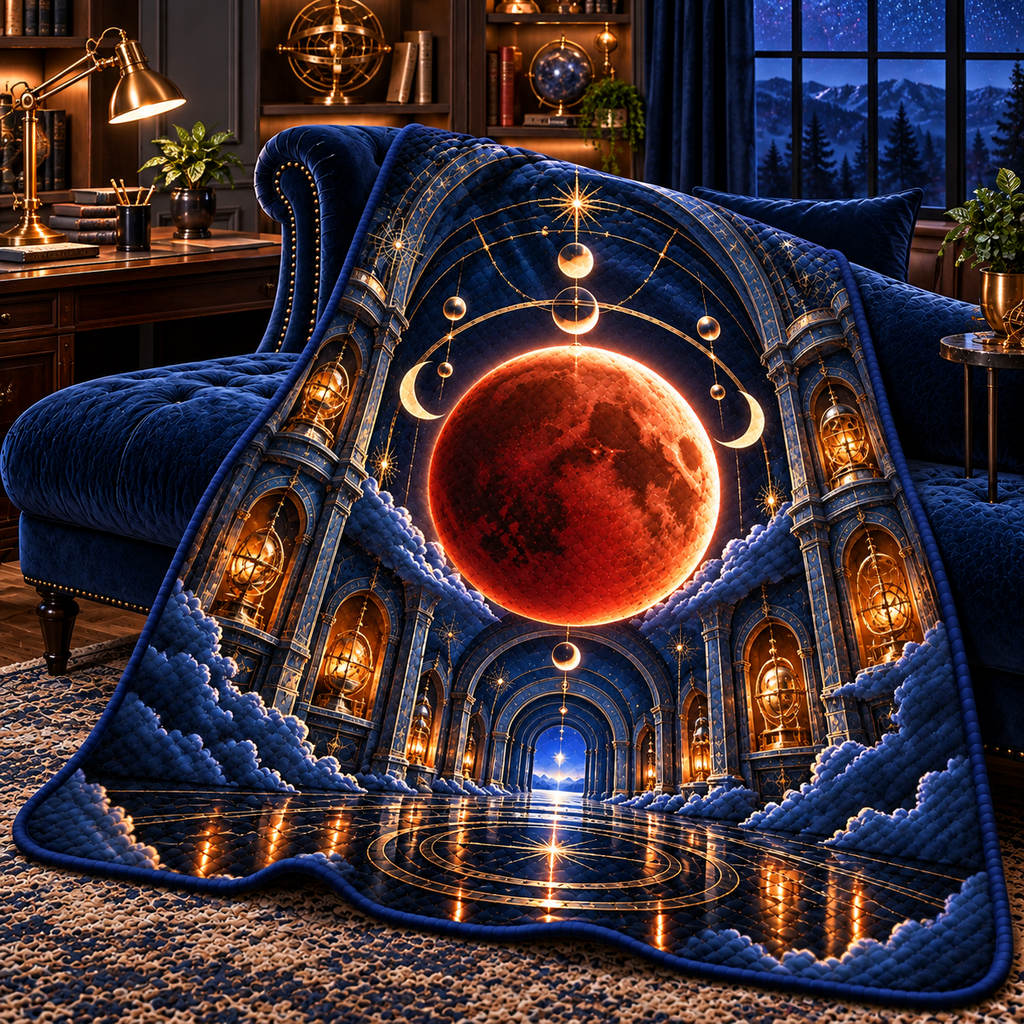 Lunar Eclipse Observatory Quilt Blanket with printed optical 3D artwork in its use setting