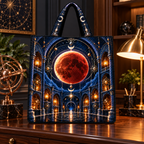 Lunar Eclipse Observatory Quilted Tote Bag with printed optical 3D artwork in its use setting