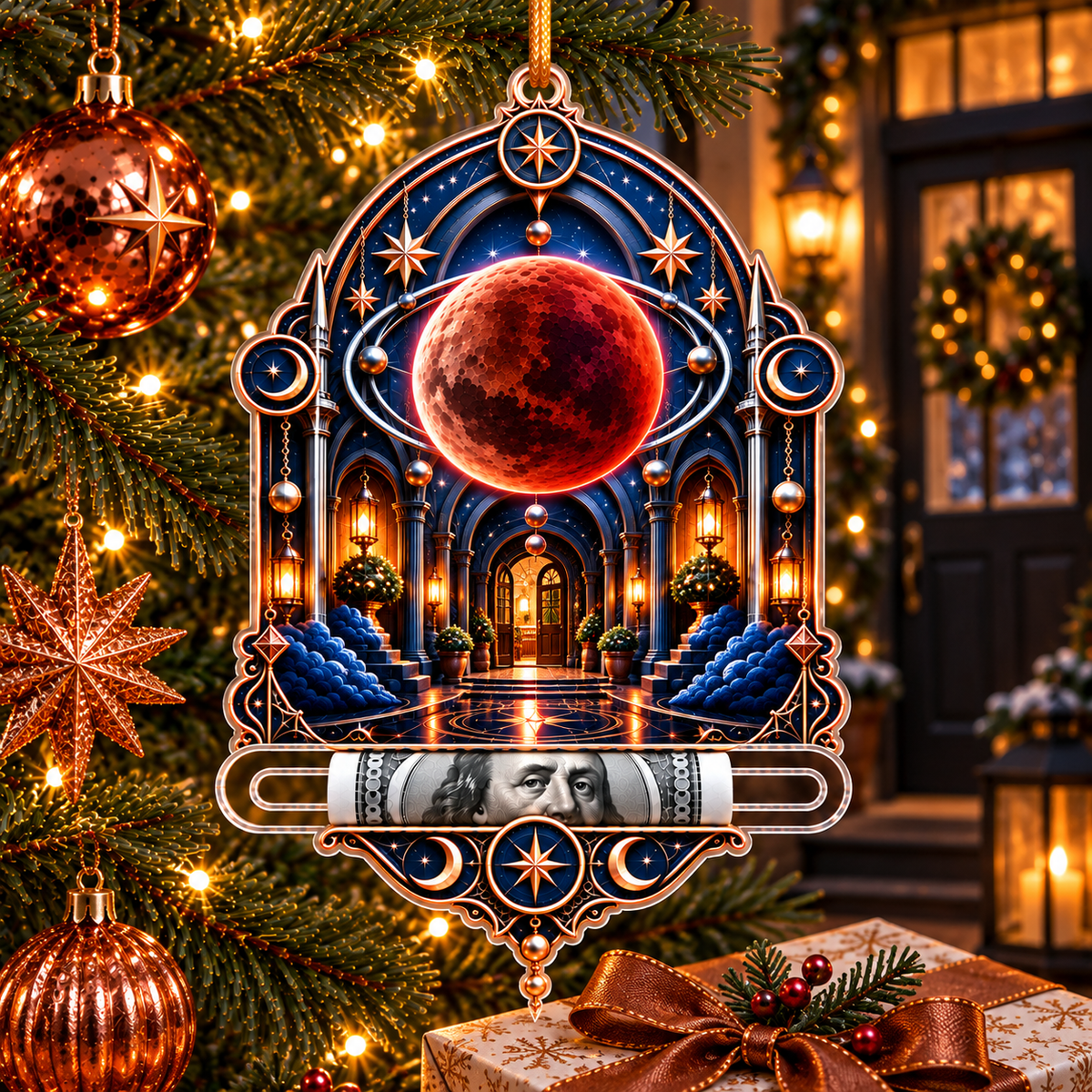 Lunar Eclipse New Home Acrylic Cash Holder Ornament with printed optical 3D artwork in its use setting